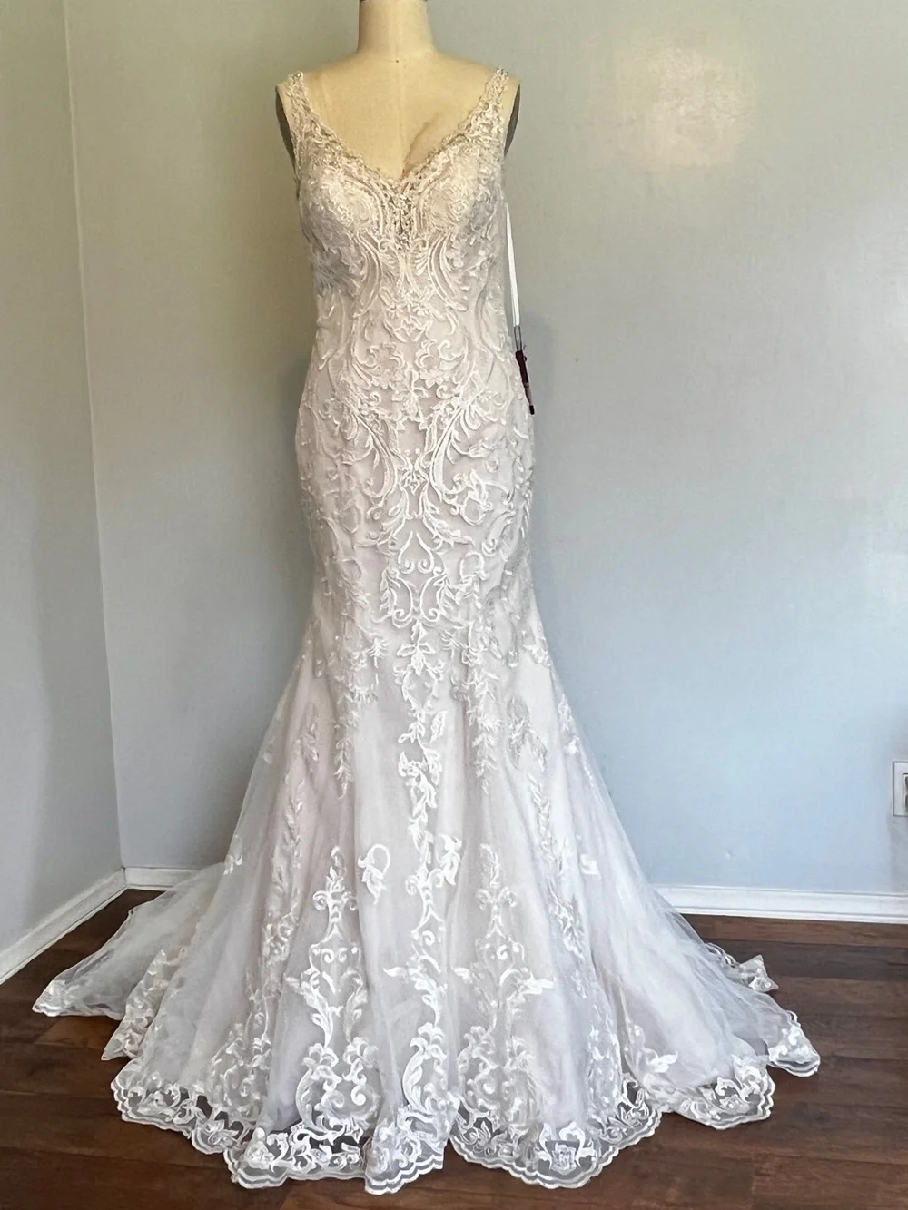 Ivory-Champagne V-Neck Lace Mermaid Wedding Dress - Picture 4 of 12